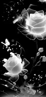 Monochrome floral wallpaper with roses and butterflies.