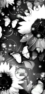 Black and white floral design with butterflies.