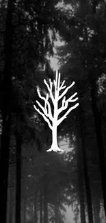 Monochrome forest wallpaper with a white tree silhouette.