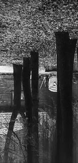 Monochrome wallpaper of a rustic forest with a cabin and tall trees.