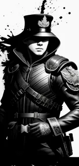 Monochrome artwork of a futuristic soldier in black and white design.