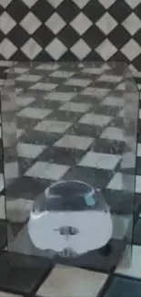 Checkerboard pattern with transparent object on tile floor.