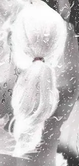 Monochrome wallpaper of a girl behind raindrop-covered glass.