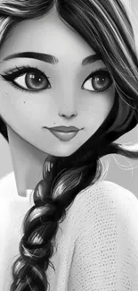 Monochrome illustration of a girl with braided hair, exuding elegance.