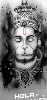 Monochrome Hanuman artwork with spiritual elements on mobile wallpaper.