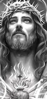 Monochrome artistic portrait of Jesus with symbolic religious elements.