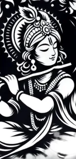 Monochrome artwork of Lord Krishna playing flute.