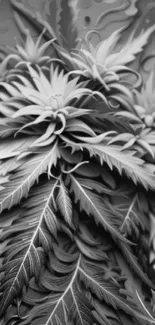 Monochrome abstract leaf art on a mobile wallpaper with grayscale tones.