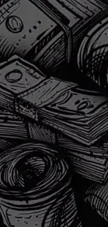 Intricate monochrome money art wallpaper featuring detailed cash bundles.