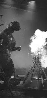 Black and white image of a giant monster near burning towers.