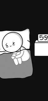 Cartoon character in bed with an alarm clock at 5:59 on a black background.