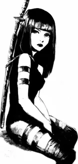 Monochrome illustration of a ninja with a sword on her back, sitting gracefully.