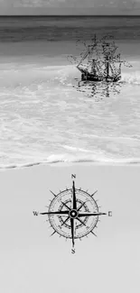 Monochrome ocean wallpaper with ship and compass design.