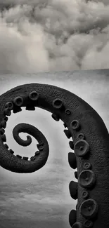 Monochrome tentacle spirals elegantly with clouds above.