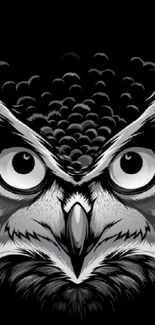 Monochrome owl graphic art on black background.