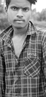 Monochrome portrait of a man in a plaid shirt.