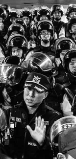 Black and white image of police officers standing together in formation.