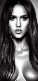 Monochrome portrait art wallpaper featuring detailed grayscale illustration.