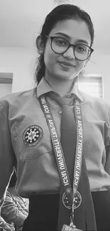 Black and white portrait of a young woman with glasses, for mobile wallpaper.