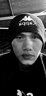 Artistic monochrome portrait of person wearing a beanie, featuring dramatic shadows.