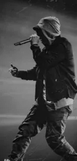 Monochrome silhouette of a rapper performing on stage with a microphone.