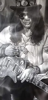 Monochrome portrait of a rock guitarist holding a guitar.