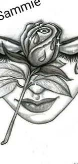 Monochrome sketch of a face with a rose and tears, artistic wallpaper design.