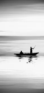 Black and white wallpaper with fishermen on a calm lake in a minimalist style.