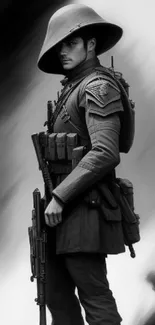 Monochrome soldier with hat and gun in grayscale artwork.