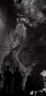 Monochrome wallpaper with soldiers' silhouettes and abstract art.