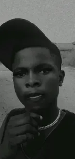 Black and white portrait of a young person in a thoughtful pose on a street.