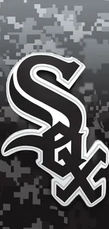 Monochrome sports team logo with dark camo background.