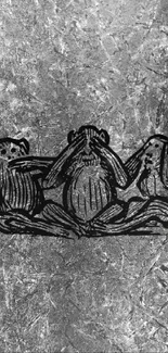 Monochrome wallpaper with three wise monkeys on a textured gray background.