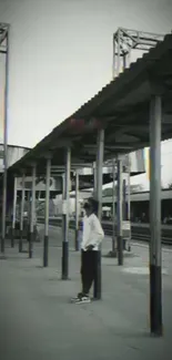 Monochrome train station with a person waiting.