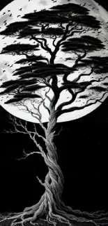 Silhouetted tree against a full moon background in monochrome design.