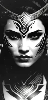 Monochrome portrait with tribal art patterns.