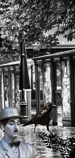 Monochrome street scene with a statue and bird in focus.