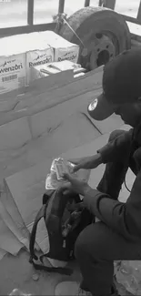 Monochrome image of a man organizing belongings in an urban setting.