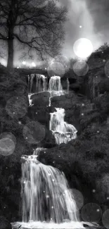 Monochrome scene of a cascading waterfall.