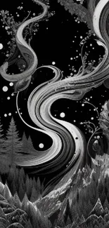 Monochrome abstract forest wallpaper with swirling dreamlike patterns.