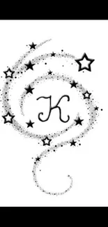 Black and white wallpaper with swirling stars and a monogram 'K' design.