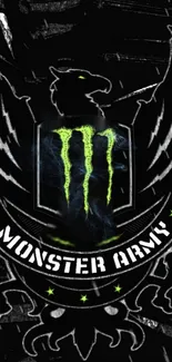 Monster Army emblem with dark background and neon highlights.