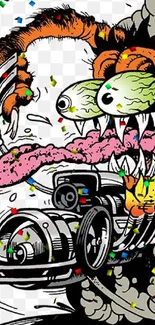 Cartoon monster driving a fiery car in vibrant colors on a mobile wallpaper.