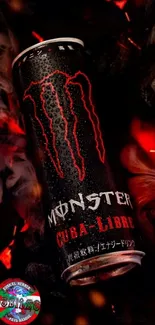 Monster Energy can with fiery background.