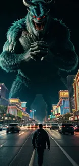 Mobile wallpaper of a giant monster over a city street.