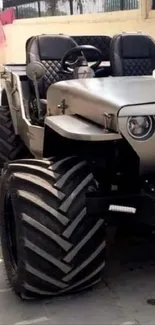 Modified monster jeep with oversized tires.