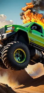 Green monster truck jumps through fiery flames in a thrilling desert scene.