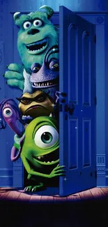 Colorful monsters peeking from a door in a vibrant wallpaper.