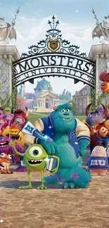 Monsters University characters at campus gate in vibrant colors.