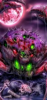 Monstrous crab with glowing eyes under a haunting moonlit sky.